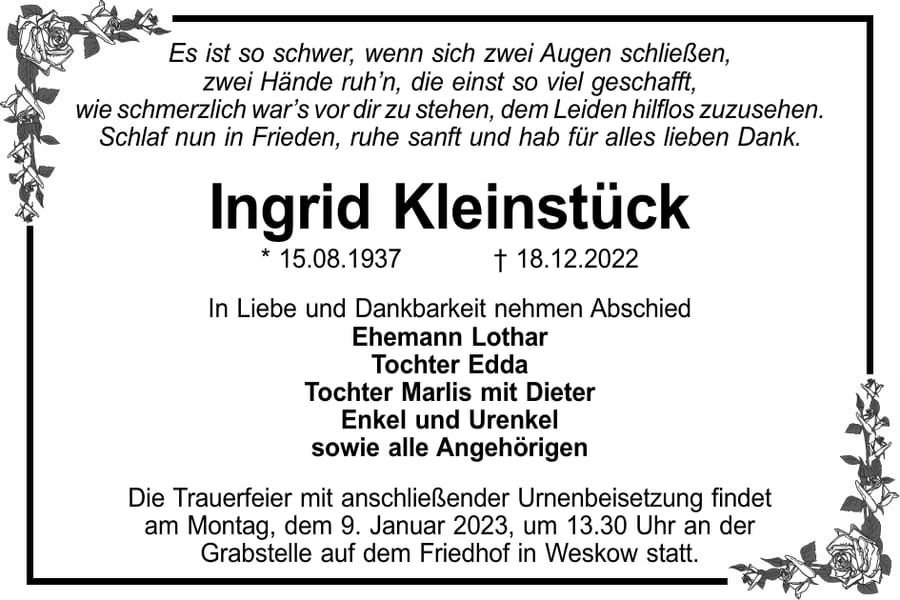 Traueranzeige Ingrid Kleinstück