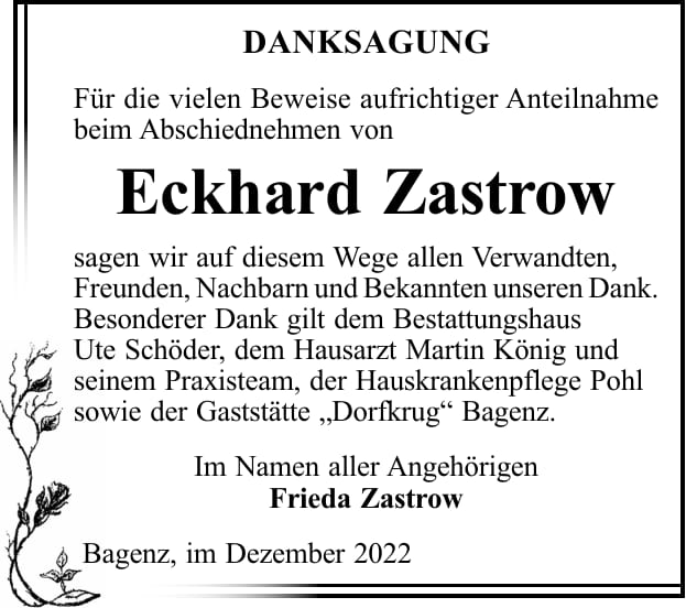 Danksagung Eckhard Zastrow
