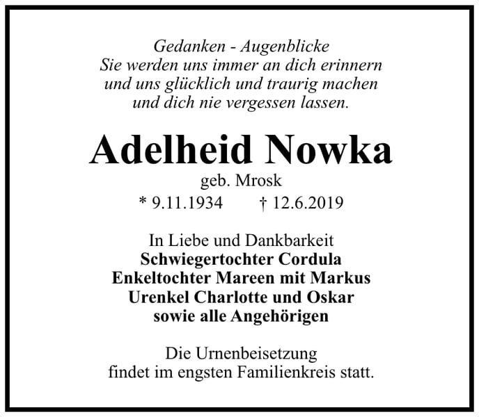Traueranzeige Adelheid Nowka, geb. Mrosk