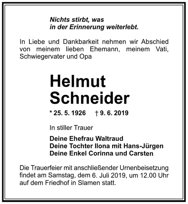 Traueranzeige Helmut Schneider