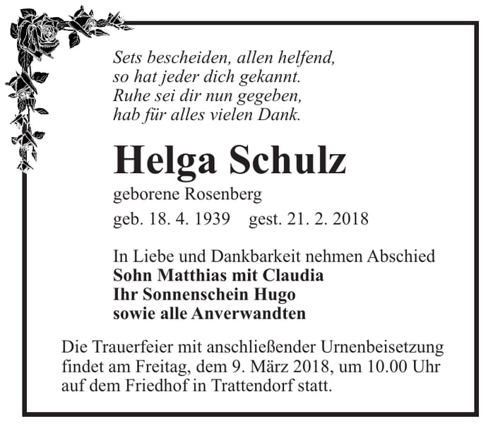 Traueranzeige Helga Schulz