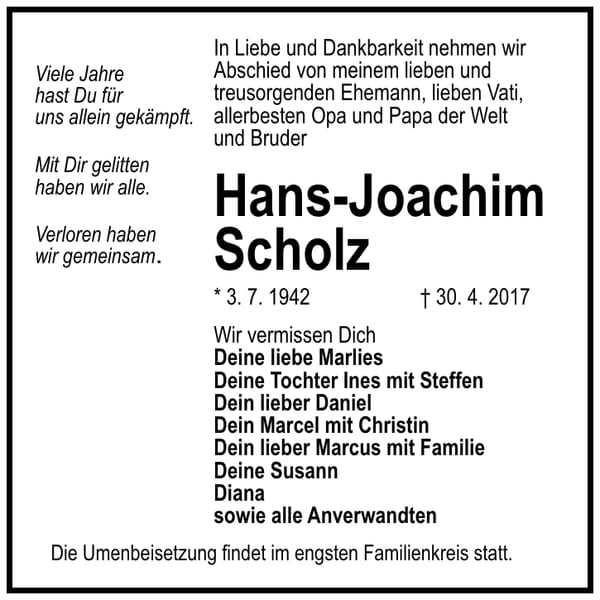 Traueranzeige Hans-Joachim Scholz