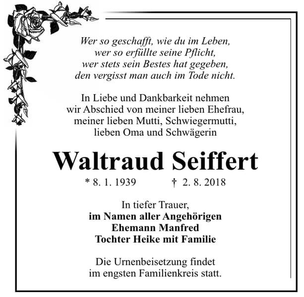 Traueranzeige Waltraud Seiffert