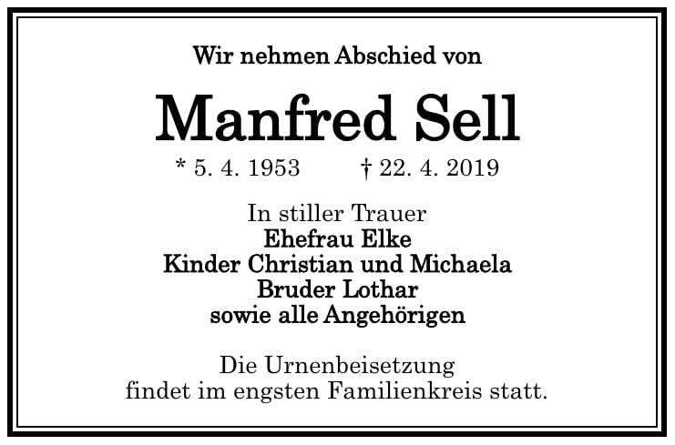 Traueranzeige Manfred Sell