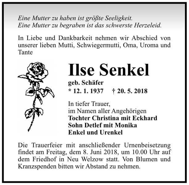 Traueranzeige Ilse Senkel, geb. Schäfer