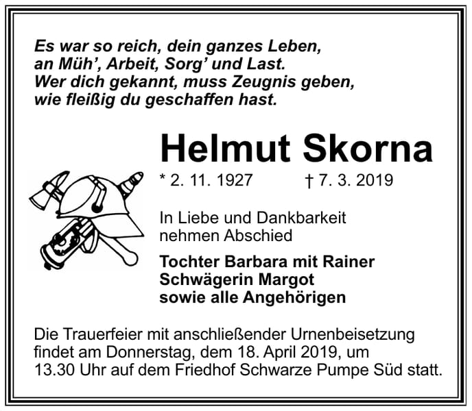 Traueranzeige Helmut Skorna