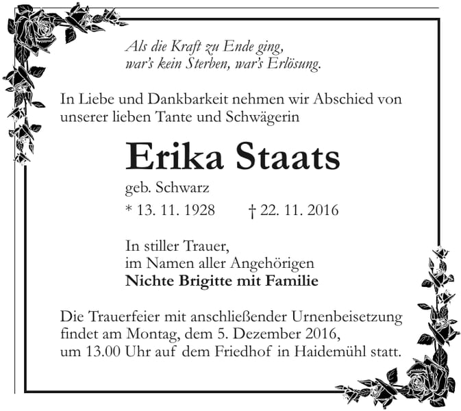Traueranzeige Erika Staats, geb. Schwarz