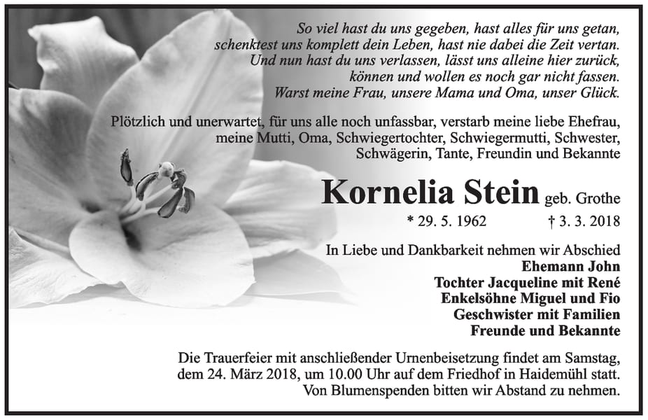 Traueranzeige Kornelia Stein, geb. Grothe