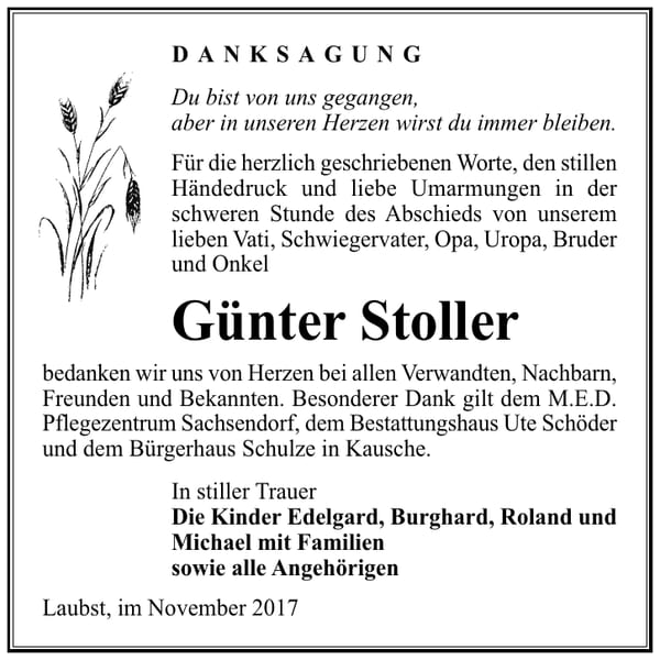 Danksagung Günter Stoller
