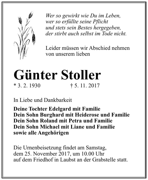 Traueranzeige Günter Stoller
