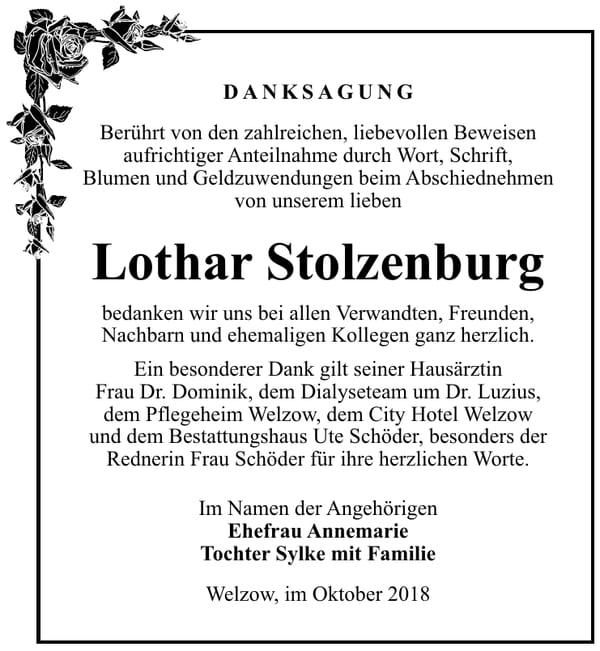 Danksagung Lothar Stolzenburg