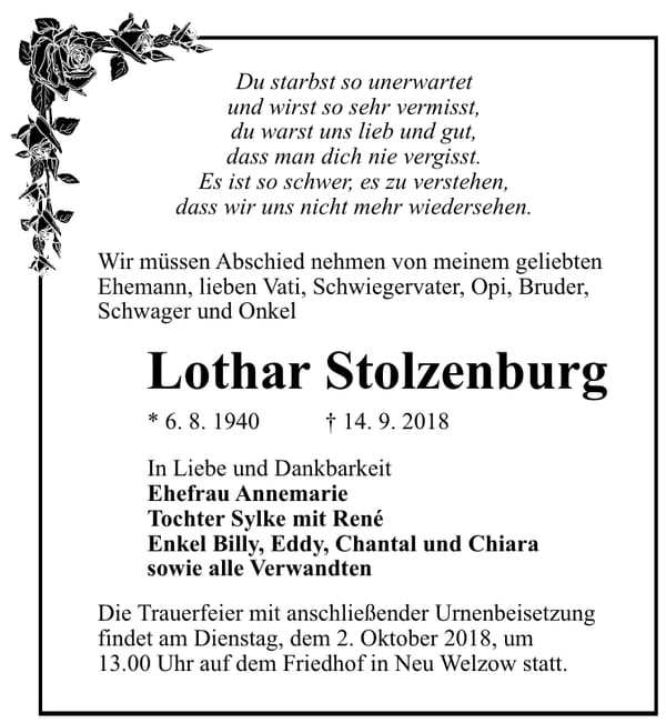 Traueranzeige Lothar Stolzenburg