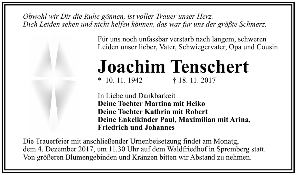 Traueranzeige Joachim Tenschert