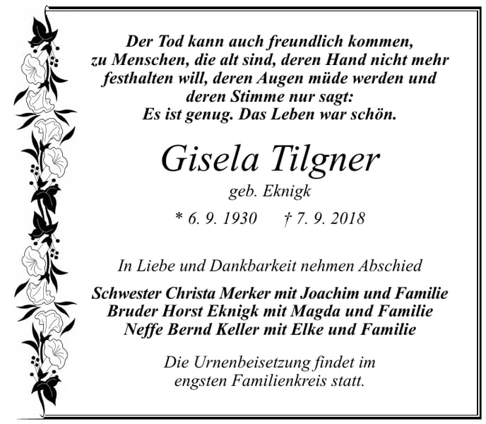 Traueranzeige Gisela Tilgner, geb. Eknigk