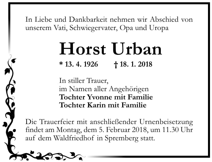 Traueranzeige Horst Urban