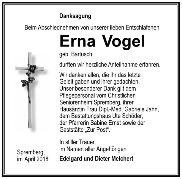 Danksagung Erna Vogel, geb. Bartusch