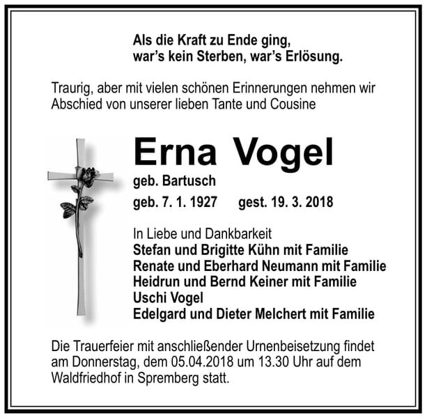Traueranzeige Erna Vogel, geb. Bartusch