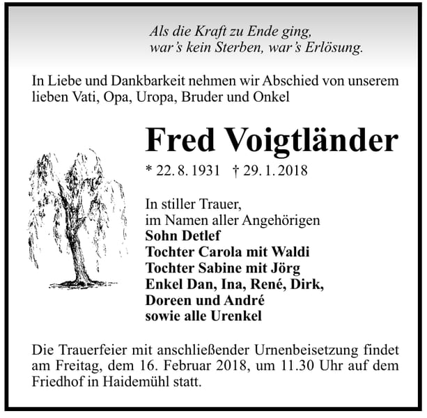 Traueranzeige Fred Voigtländer