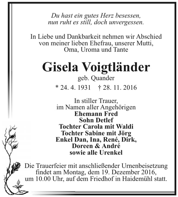 Traueranzeige Gisela Voigtländer, geb. Quander
