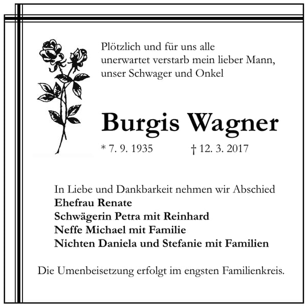 Traueranzeige Burgis Wagner