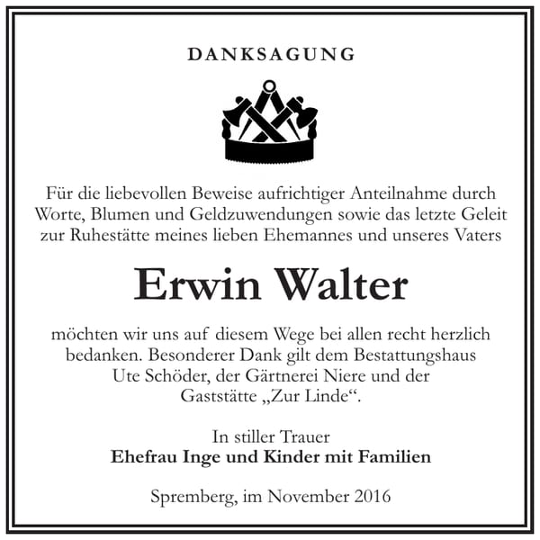 Danksagung Erwin Walter