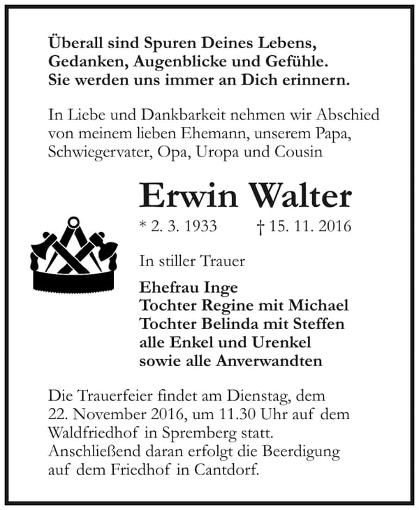 Traueranzeige Erwin Walter