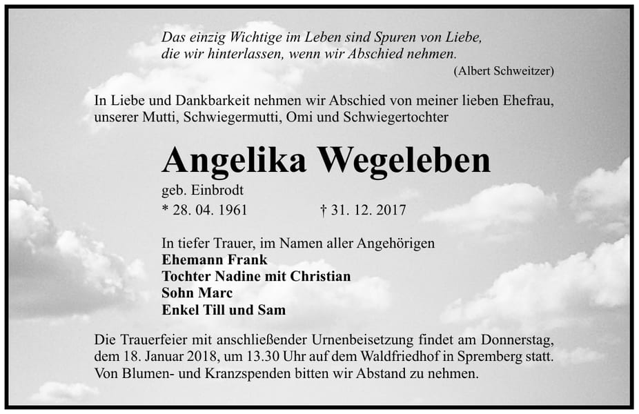 Traueranzeige Angelika Wegeleben, geb. Einbrodt