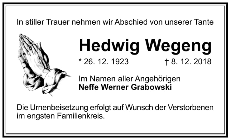 Traueranzeige Hedwig Wegeng
