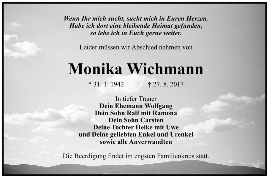 Traueranzeige Monika Wichmann