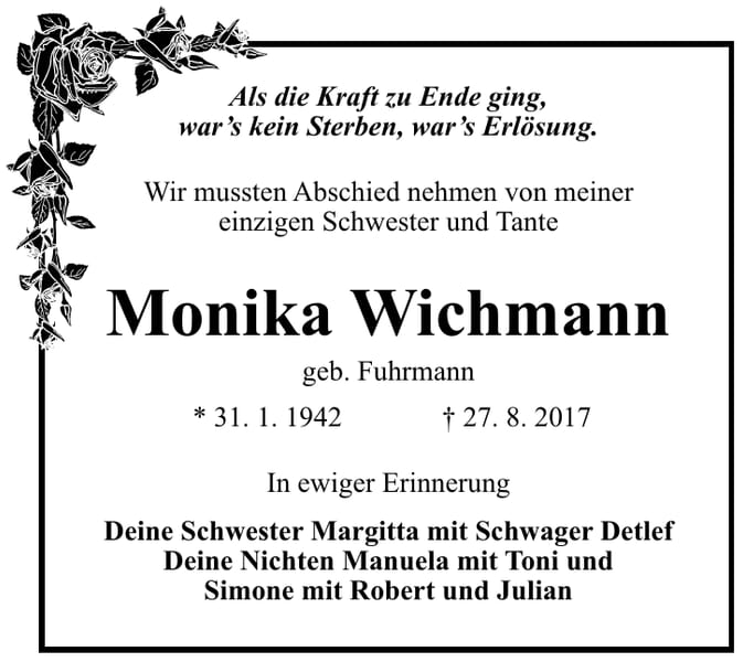 Traueranzeige Monika Wichmann, geb. Fuhrmann