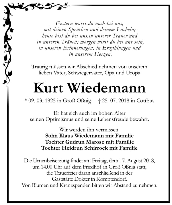 Traueranzeige Kurt Wiedemann
