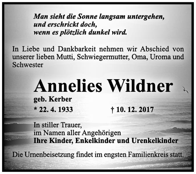 Traueranzeige Annelies Wildner, geb. Kerber