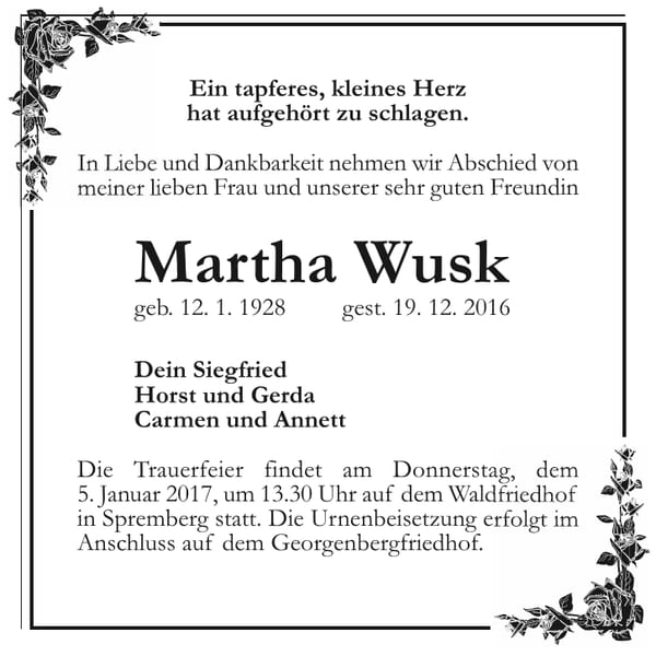 Traueranzeige Martha Wusk