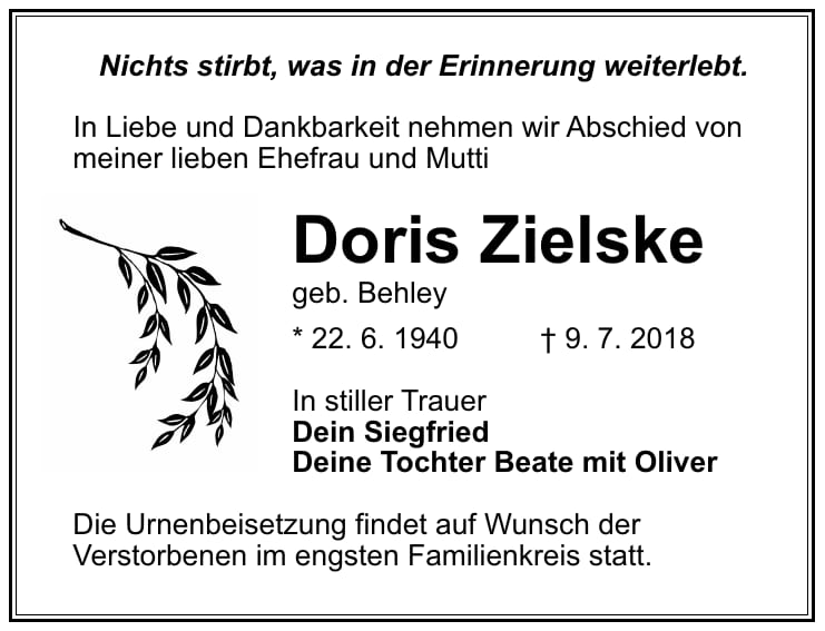 Traueranzeige Doris Zielske, geb. Behley