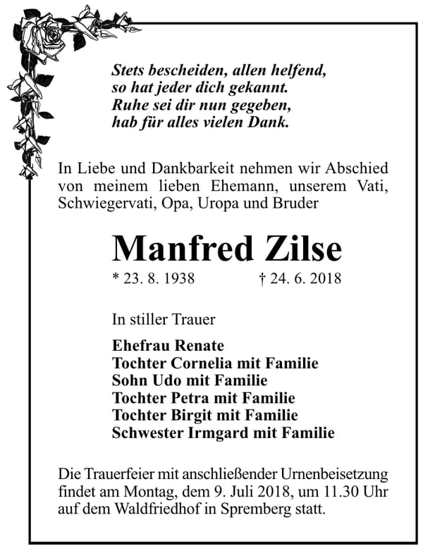 Traueranzeige Manfred Zilse
