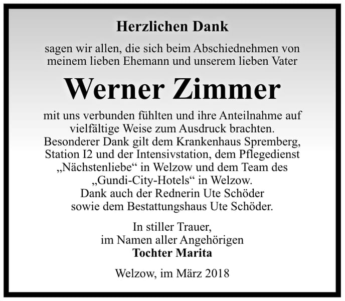 Danksagung Werner Zimmer