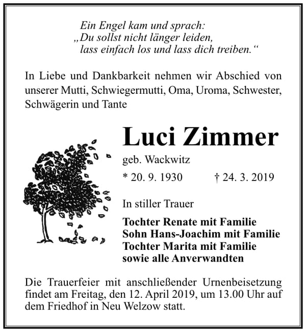 Traueranzeige Luci Zimmer, geb. Wackwitz