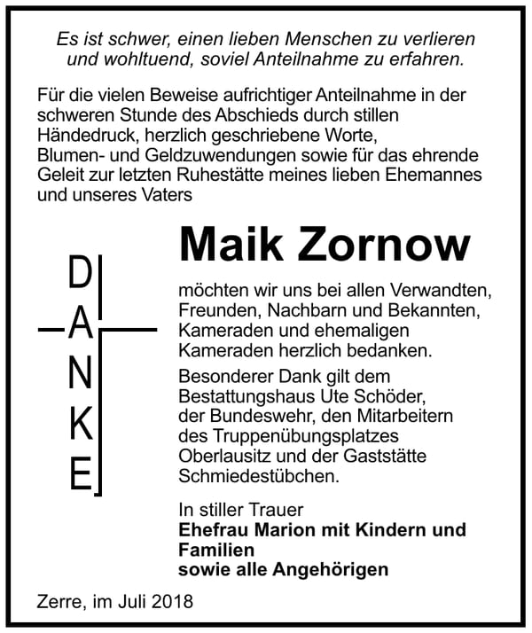 Danksagung Maik Zornow
