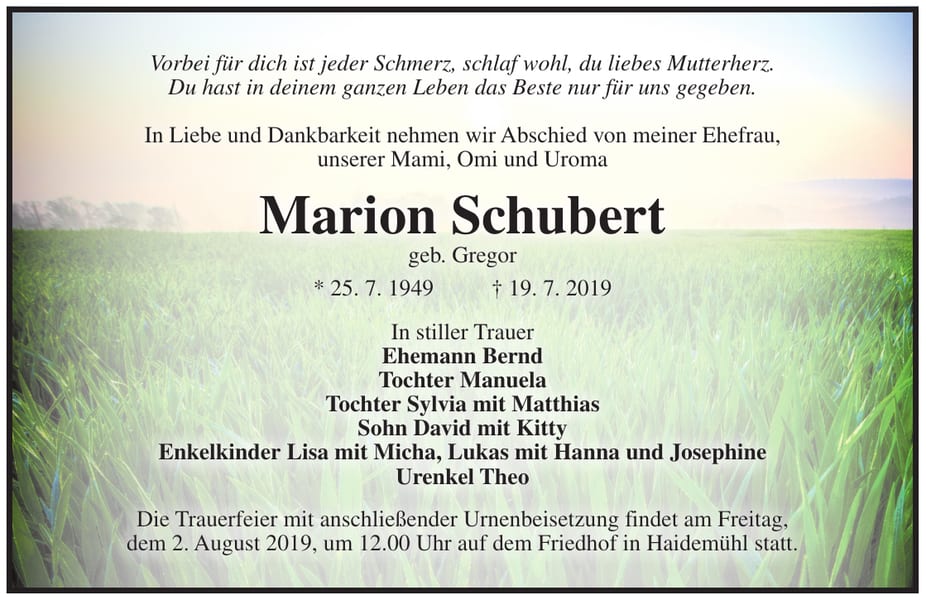 Traueranzeige Marion Schubert, geb. Gregor