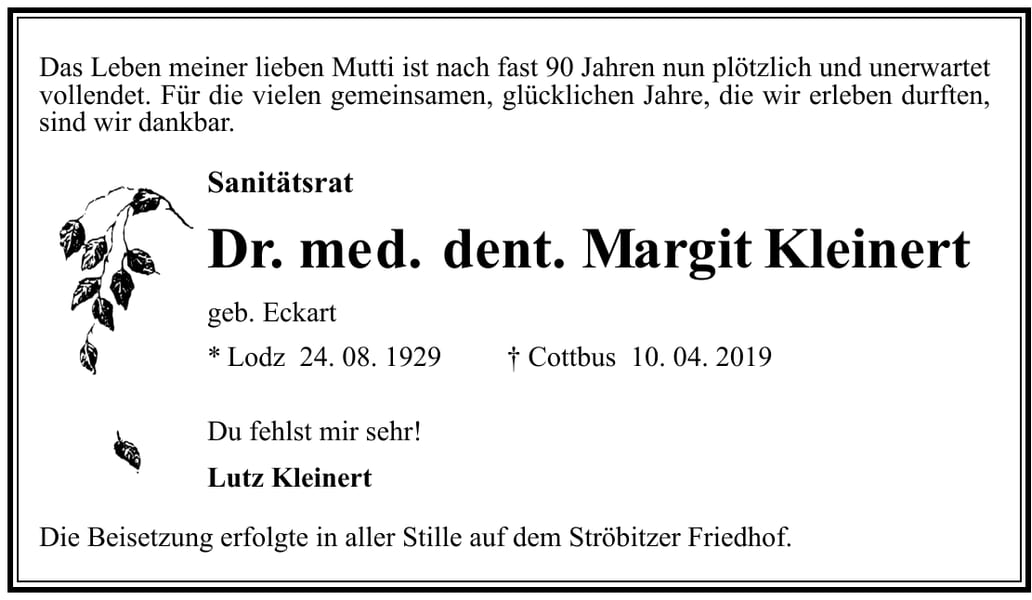 Traueranzeige Dr. med. dent. Margit Kleinert, geb. Eckart