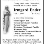 Traueranzeige Irmgard Ender