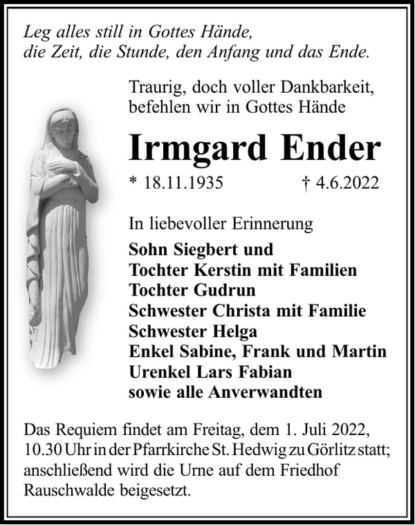 Traueranzeige Irmgard Ender