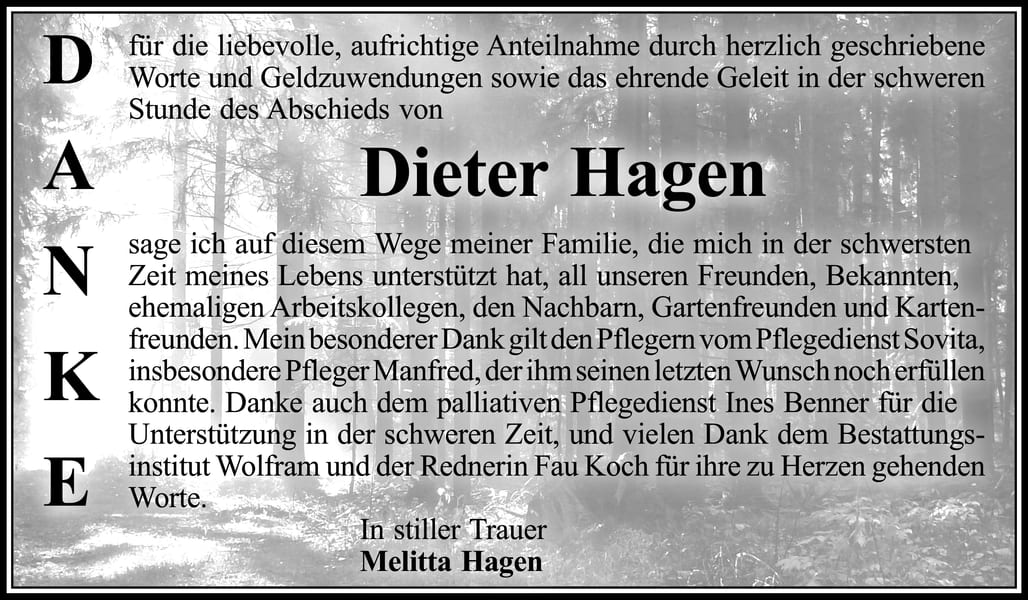 Danksagung Dieter Hagen