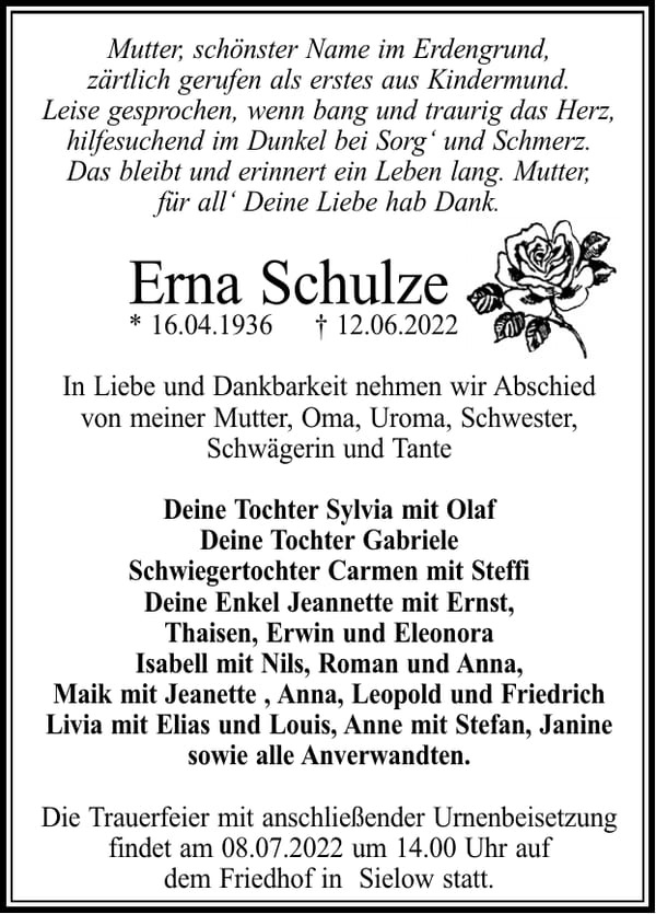 Traueranzeige Erna Schulze