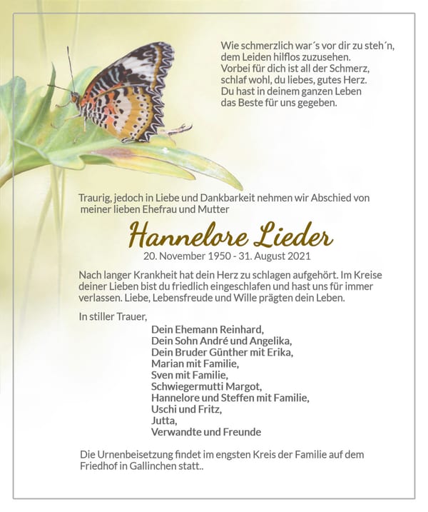 Traueranzeige Hannelore Lieder