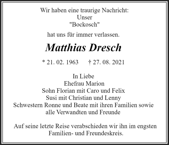 Traueranzeige Matthias „Bockosch“ Dresch