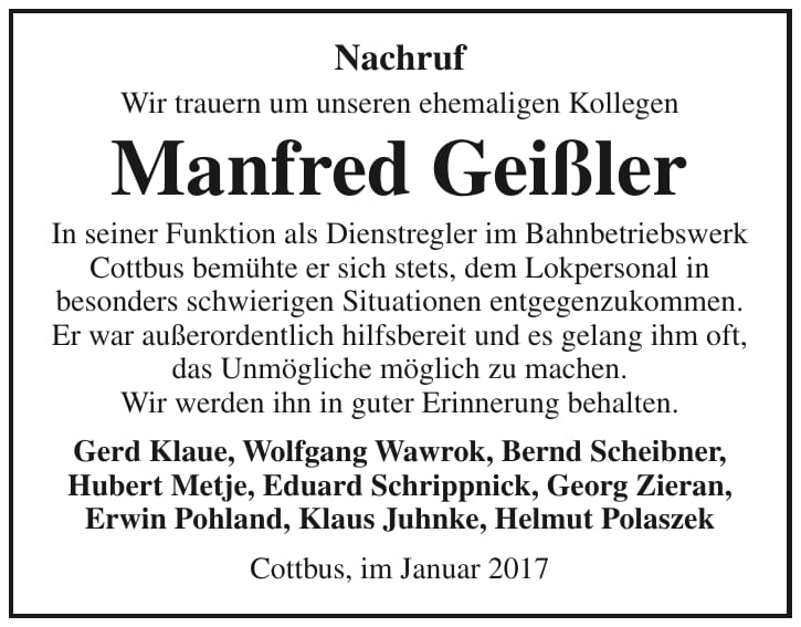 Nachruf Manfred Geißler