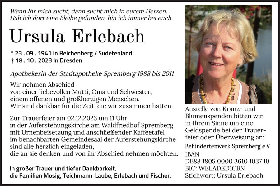 Traueranzeige Ursula Erlebach AN