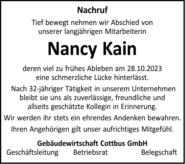 Nachruf Nancy Kain