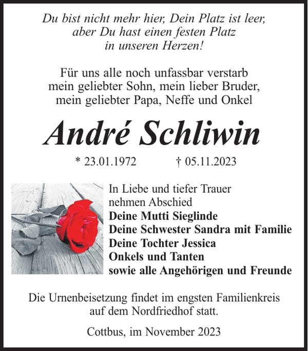 Traueranzeige André Schliwin